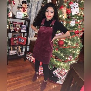 Burgundy Velour Overall Dress with Pockets